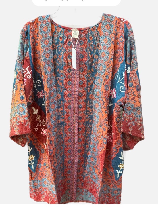 Raj Tops - Raj Rust Red Teal Blue Embroidered Floral Kimono oversized relaxed lightweight